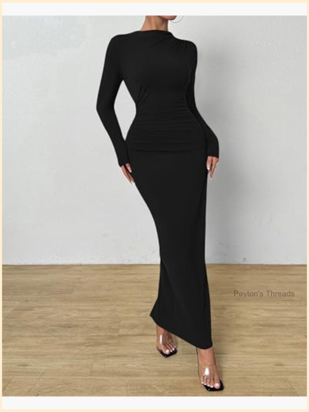Long Sleeve Maxi Dress Bodycon Back Slit Ruched Formal Wedding Guest - Picture 2 of 7